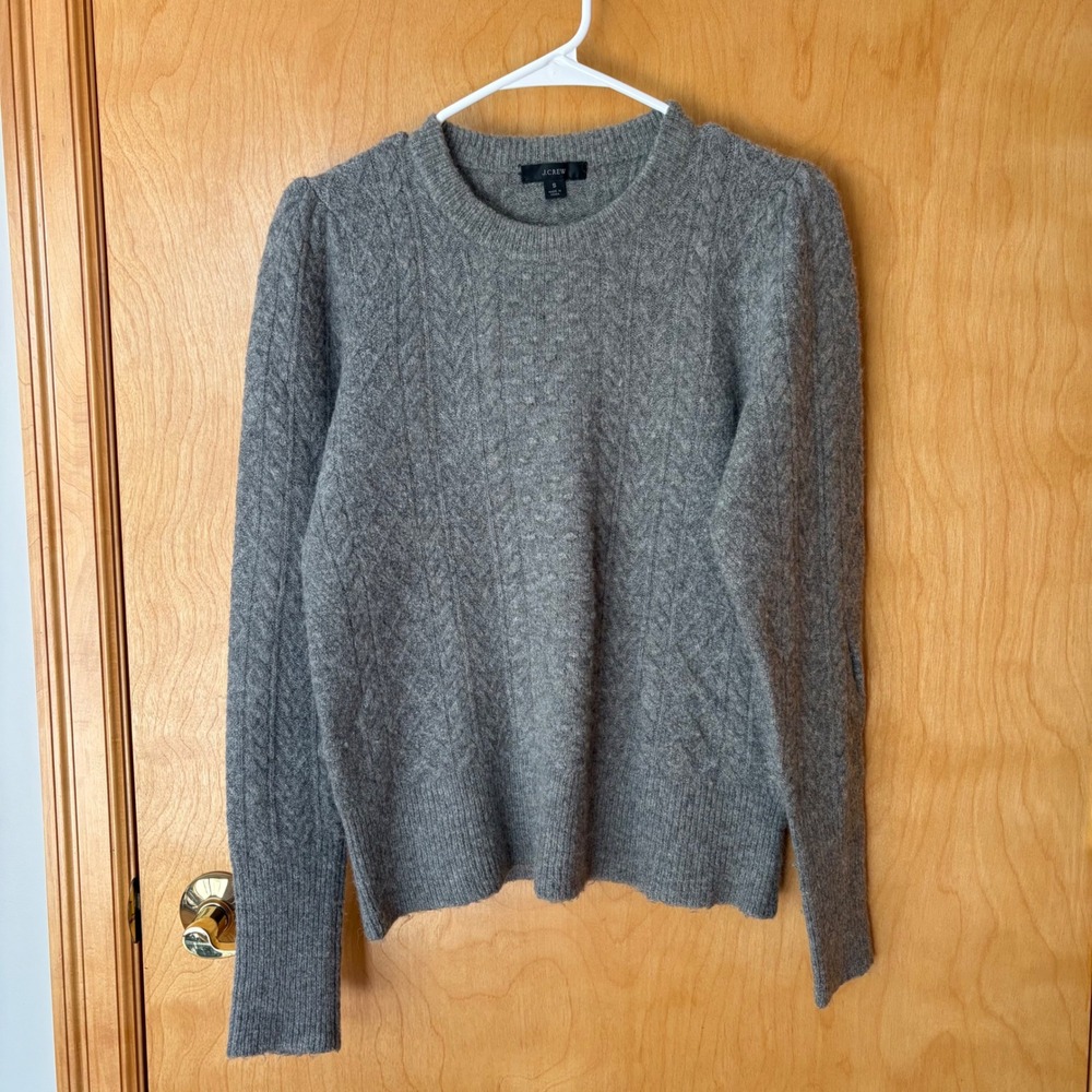 J.Crew Cable Knit Sweater Women Small Grey Merino Alpaca Blend Puff Sleeve BB408